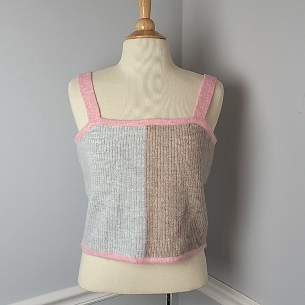 SATURDAY SUNDAY Pink Gray Brown Color Block Ribbed Cropped Tank Top Sweater L